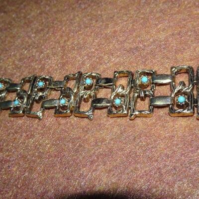 Mid Century Gold Tone & Turquoise Color Link Bracelet, Modernist Style 
