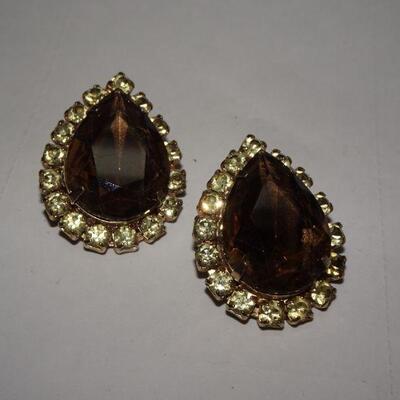 Amber & Rhinestone Mid Century Modern Clip Earrings - Teardrop
