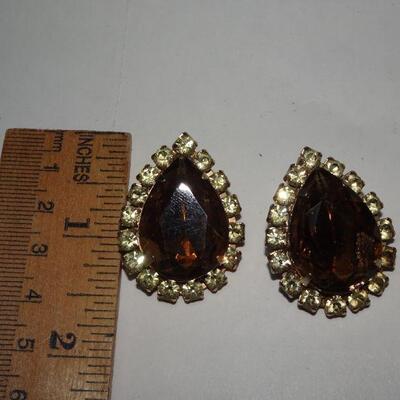 Amber & Rhinestone Mid Century Modern Clip Earrings - Teardrop