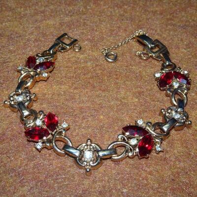 Ruby Red Rhinestone Link Bracelet - MId Century - Signed