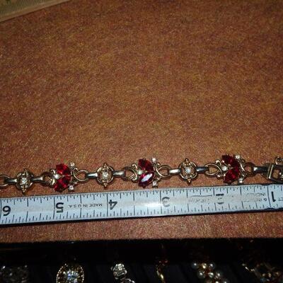 Ruby Red Rhinestone Link Bracelet - MId Century - Signed