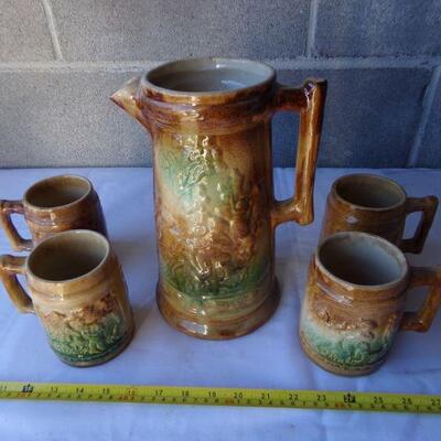 LOT 4  VINTAGE BRUSH WARE PITCHER & CUPS