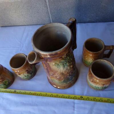 LOT 4  VINTAGE BRUSH WARE PITCHER & CUPS