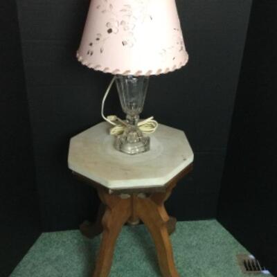 G-103 Floral Upholstered Chair with Marble Top Stool and Etched Glass Lamp