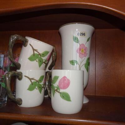 Franciscan Desert Rose China, Cup & Saucers, Water Glasses, Wine Glasses, Beautiful Flower Vase