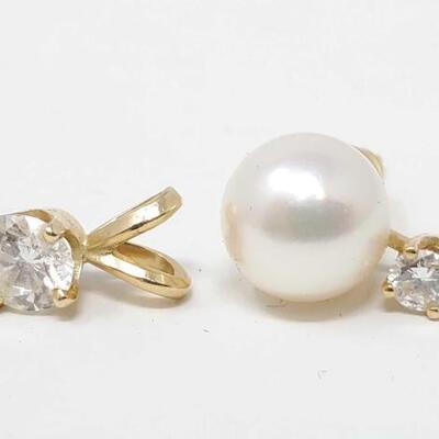 #117 â€¢ 14k Gold Diamond Pendant, 14k Gold Diamond Pearl Earring- 2g