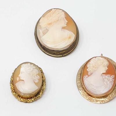#130 • 3 10k Gold Oval Cameo Pins- 22.4g