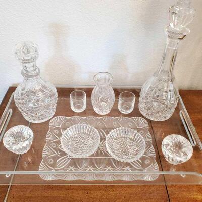 #1022 • Crystal Set With 2 Decanters, A Vase, Candleholders, And More