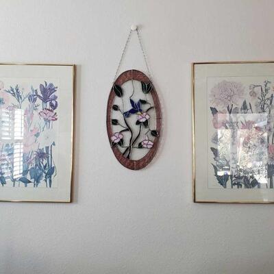 #2004 • Two Framed Pieces of Artwork and Decorative Colored Glass