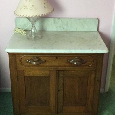 F-107 Walnut Marble Top Washstand with Glass Lamp