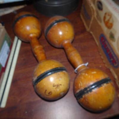 Vintage Wood Barbells, Circus Bar Bells, Props 