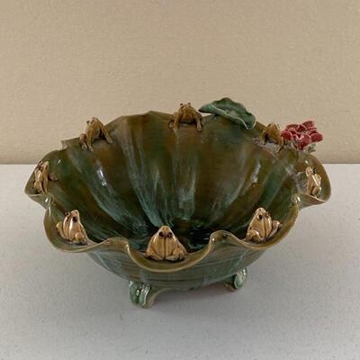 Glazed Pottery Frog and Lilly Planter 