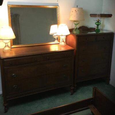 E-111 Pair of Depression Dressers with Lamps and MIrror
