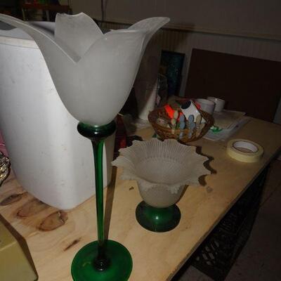 2 Green & White Vases Tulip Vases 