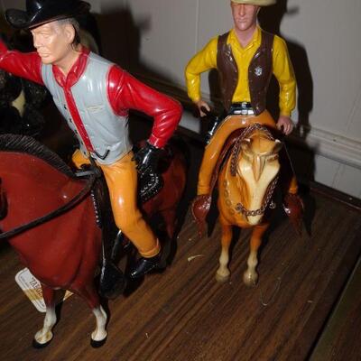 1950's Plastic Cowgirls & Cowboys on Horse Figures, Hard Plastic Toys, Wild West 4 horses, 1 female, 2 male riders 