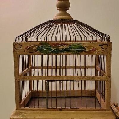Lot 4:  Wooden side table, two wooden birdcages, one can hang on wall, and a  light up angel.