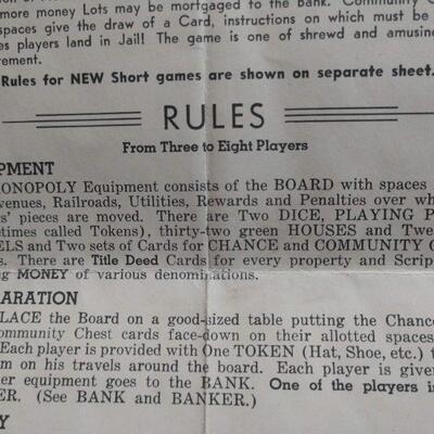 Vintage 1954 Monopoly includes most pieces including instructions