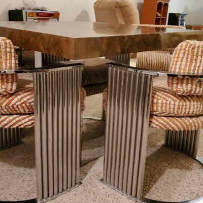 Lot 29:  Thayer Coggin MCM Dining Set: Designed by Milo Baughman, chrome chairs with plush seats