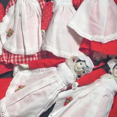 10 Super Rare Brand Vintage Small Porcelain Dolls 7.5" Red Dresses, white aprons