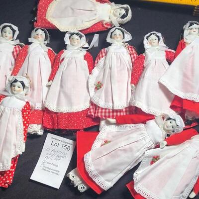 10 Super Rare Brand Vintage Small Porcelain Dolls 7.5" Red Dresses, white aprons