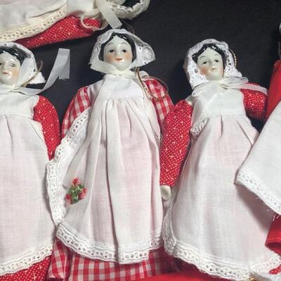 10 Super Rare Brand Vintage Small Porcelain Dolls 7.5" Red Dresses, white aprons