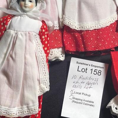 10 Super Rare Brand Vintage Small Porcelain Dolls 7.5" Red Dresses, white aprons