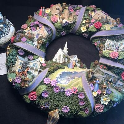 Thomas Kinkade Summer Village Wreath and A Holiday Gathering Music Box
