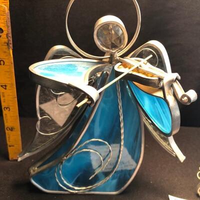 Blue Stained Glass Angel Playing Violin & Itty-Bitty Stained Glass Angel