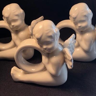 6 Angel Porcelain Napkin Rings & Angel Playing Harp Water globe Music Box