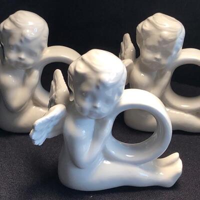6 Angel Porcelain Napkin Rings & Angel Playing Harp Water globe Music Box