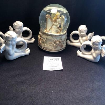 6 Angel Porcelain Napkin Rings & Angel Playing Harp Water globe Music Box