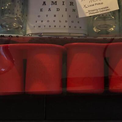 Bar Supplies, Ice Bucket, Flask, Freezable cups, Jack Daniels freeze pop molds, Shaker and blue cup