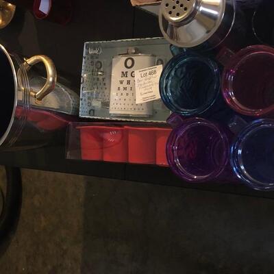 Bar Supplies, Ice Bucket, Flask, Freezable cups, Jack Daniels freeze pop molds, Shaker and blue cup