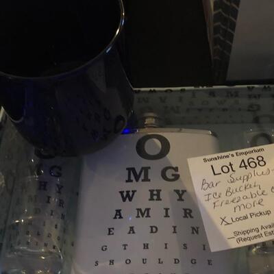 Bar Supplies, Ice Bucket, Flask, Freezable cups, Jack Daniels freeze pop molds, Shaker and blue cup