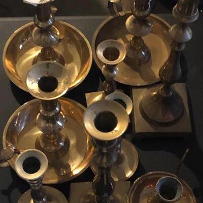 9 Vintage Brass Candle Stick Holders - most with finger loops