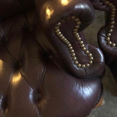 Dark Maroon Tufted Leather Wingback Chair with Gold Studs - Chair A