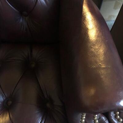 Dark Maroon Tufted Leather Wingback Chair with Gold Studs - Chair A