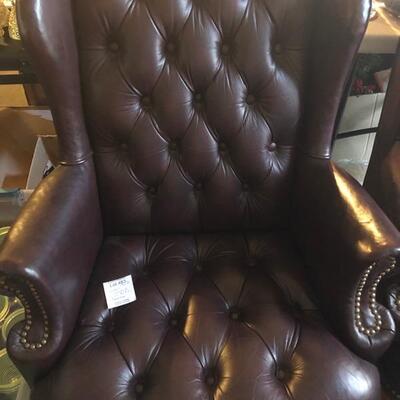Dark Maroon Tufted Leather Wingback Chair with Gold Studs - Chair A