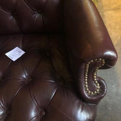 Dark Maroon Tufted Leather Wingback Chair with Gold Studs - Chair B