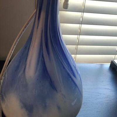 Blue White Swirl Glass Lamp with White Lamp Shade