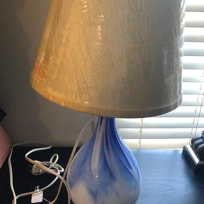 Blue White Swirl Glass Lamp with White Lamp Shade