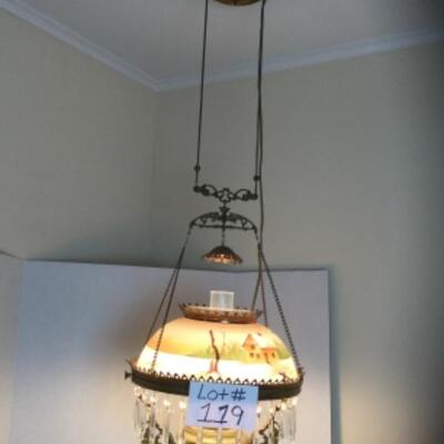 B-119 Hanging Victorian Electric Oil Lamp with Hand painted Snow Scene