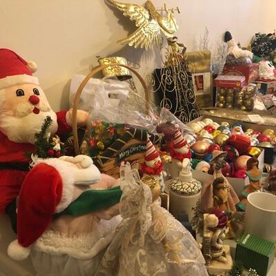 2 Full tables of Christmas Decorations, ornaments, lights and more