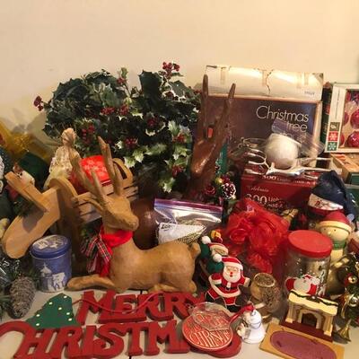 2 Full tables of Christmas Decorations, ornaments, lights and more