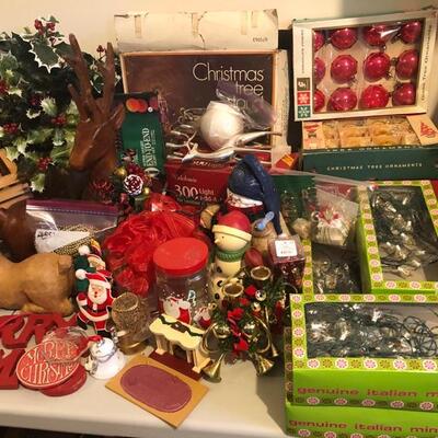 2 Full tables of Christmas Decorations, ornaments, lights and more