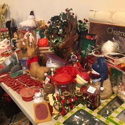 2 Full tables of Christmas Decorations, ornaments, lights and more