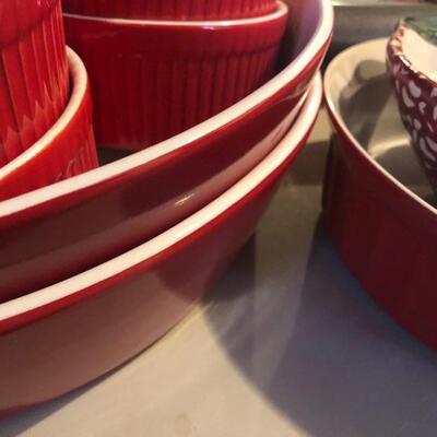9 Red Porcelain Baking Dishes and Kitchen Aid Roller