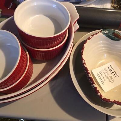 9 Red Porcelain Baking Dishes and Kitchen Aid Roller