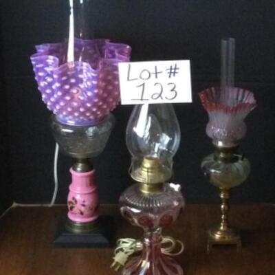 B-123 Antique Cranberry Glass Lamp Pink Hobnail Glass Oil Lamp