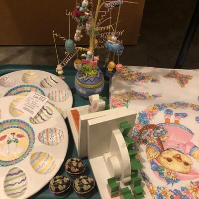 Easter Lot - Tree w/Ornaments,  2 Egg Dishes, Candles, 6 Placemats, & Bookends